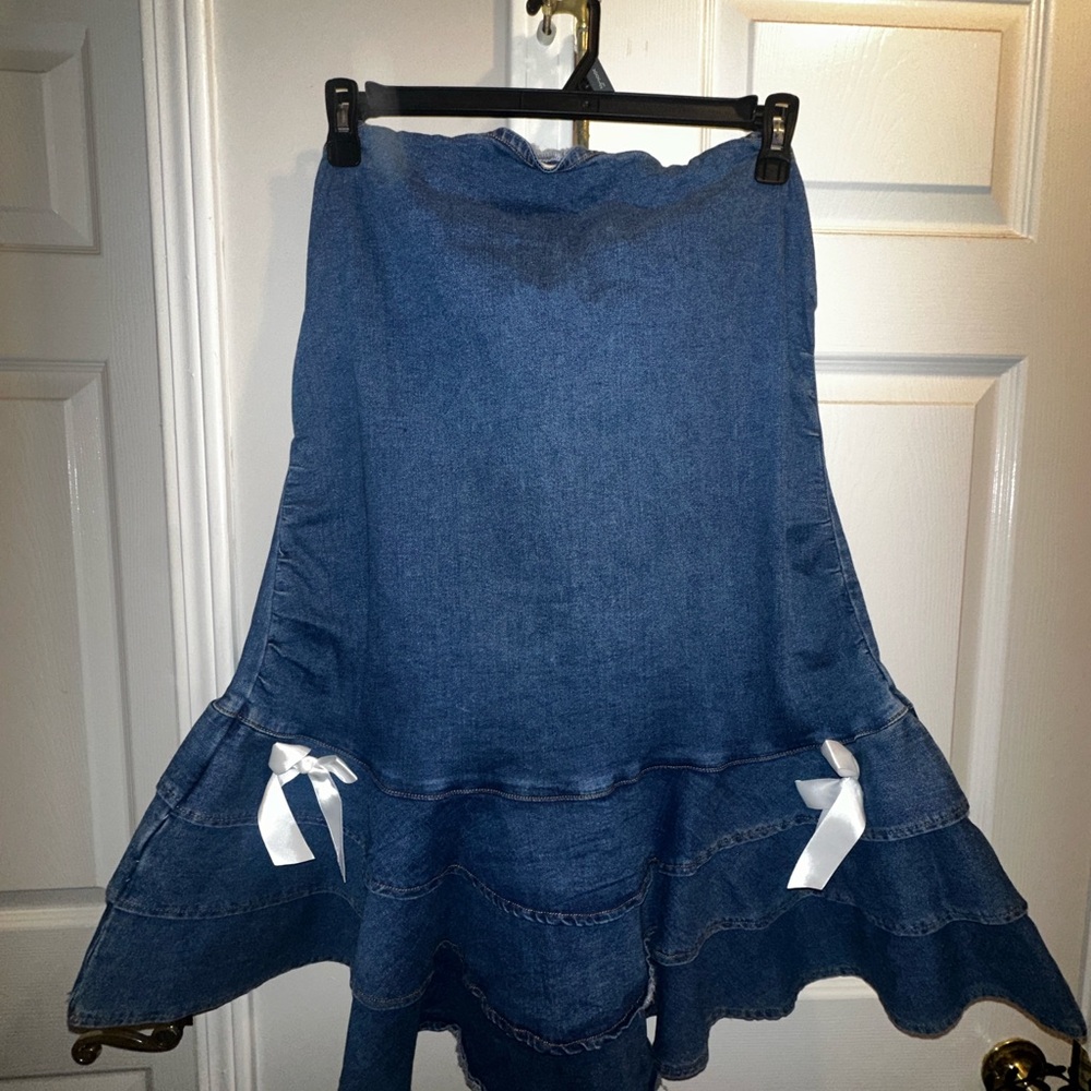 Denim Flared Skirt with White bows
